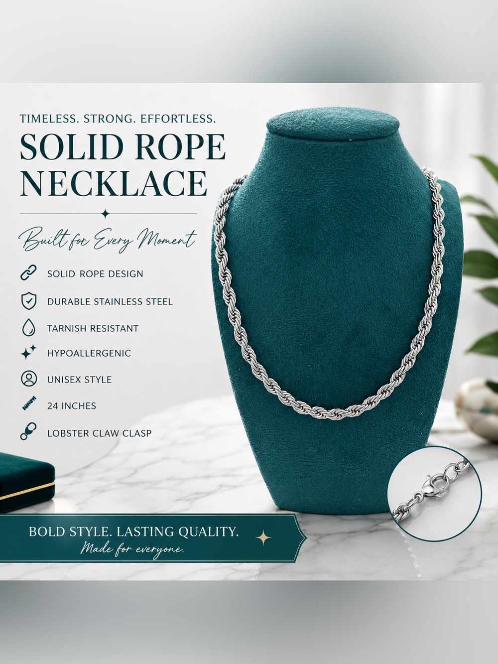 Solid Rope Necklace - Silver Stainless Steel 14” unisex